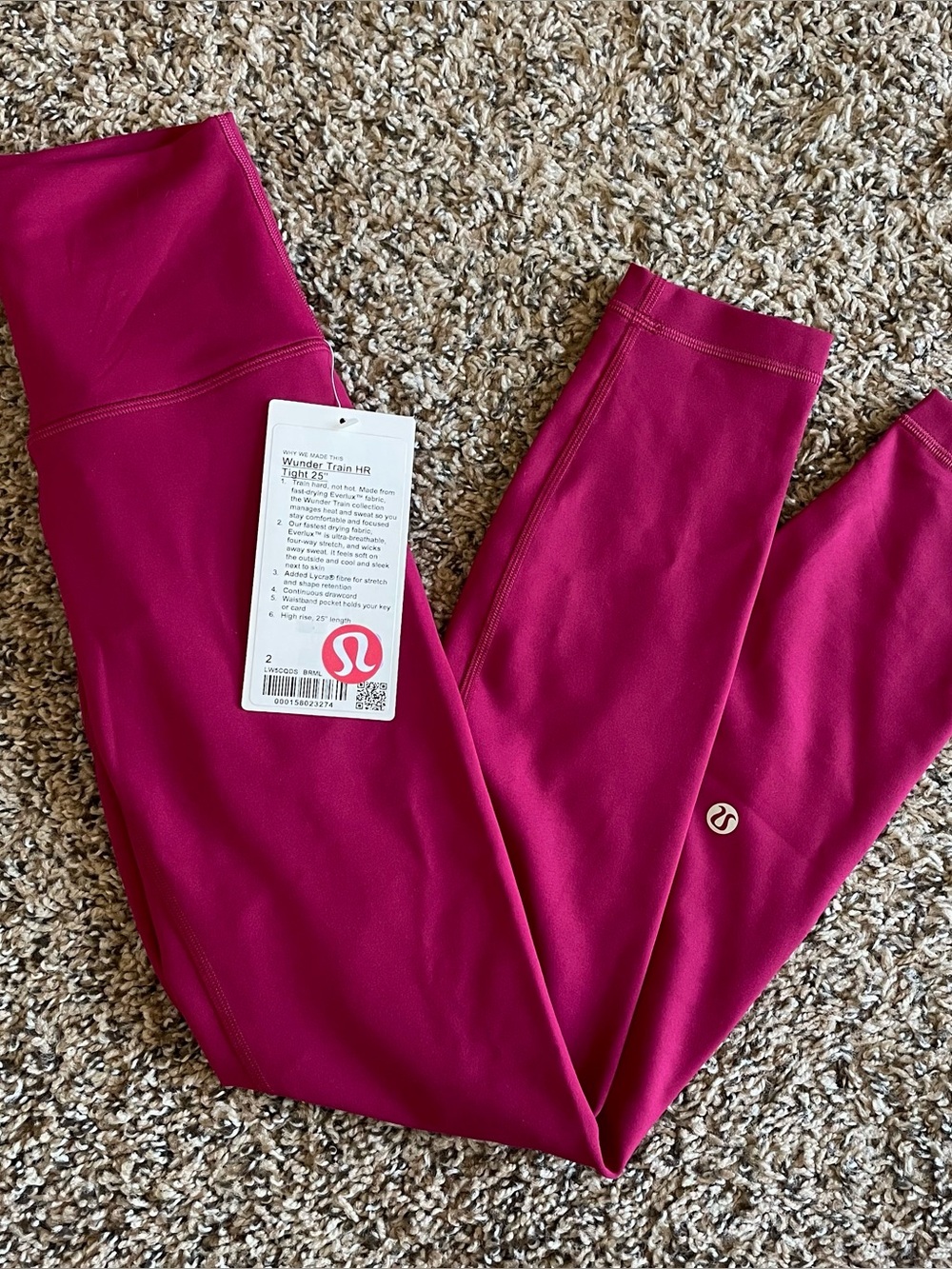 NWT 25” Lululemon Wunder Train HR Tight, Size 2, Berry Rumble